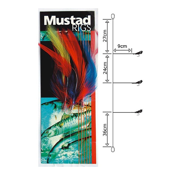 Mustad 3 HOOKS COLORED COD FEATHER TRACE 6/0