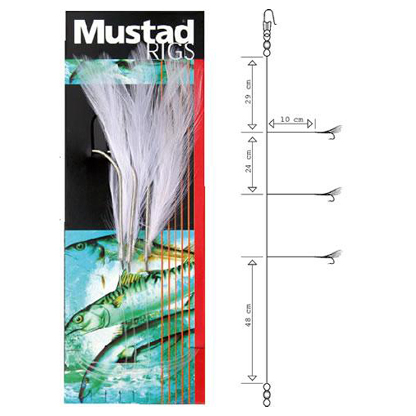Mustad 3 HOOKS WHITE COD FEATHER TRACE 6/0