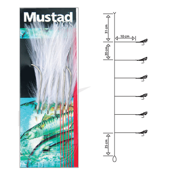 Mustad T9 6 Hooks White Mackerel Feather Trace #3/0